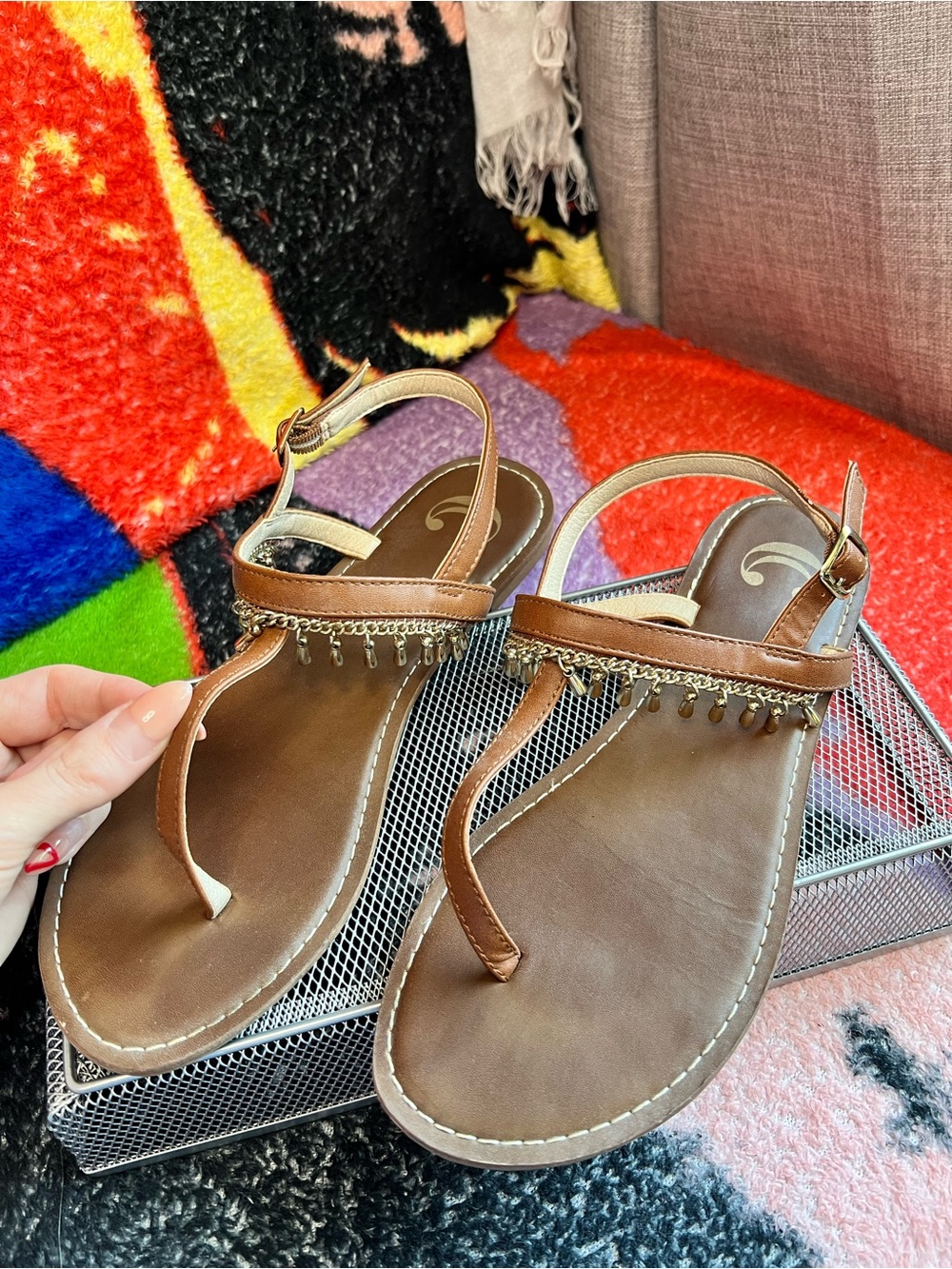 Charming Charlie Brown Beaded T-Strap Sandals Size 9